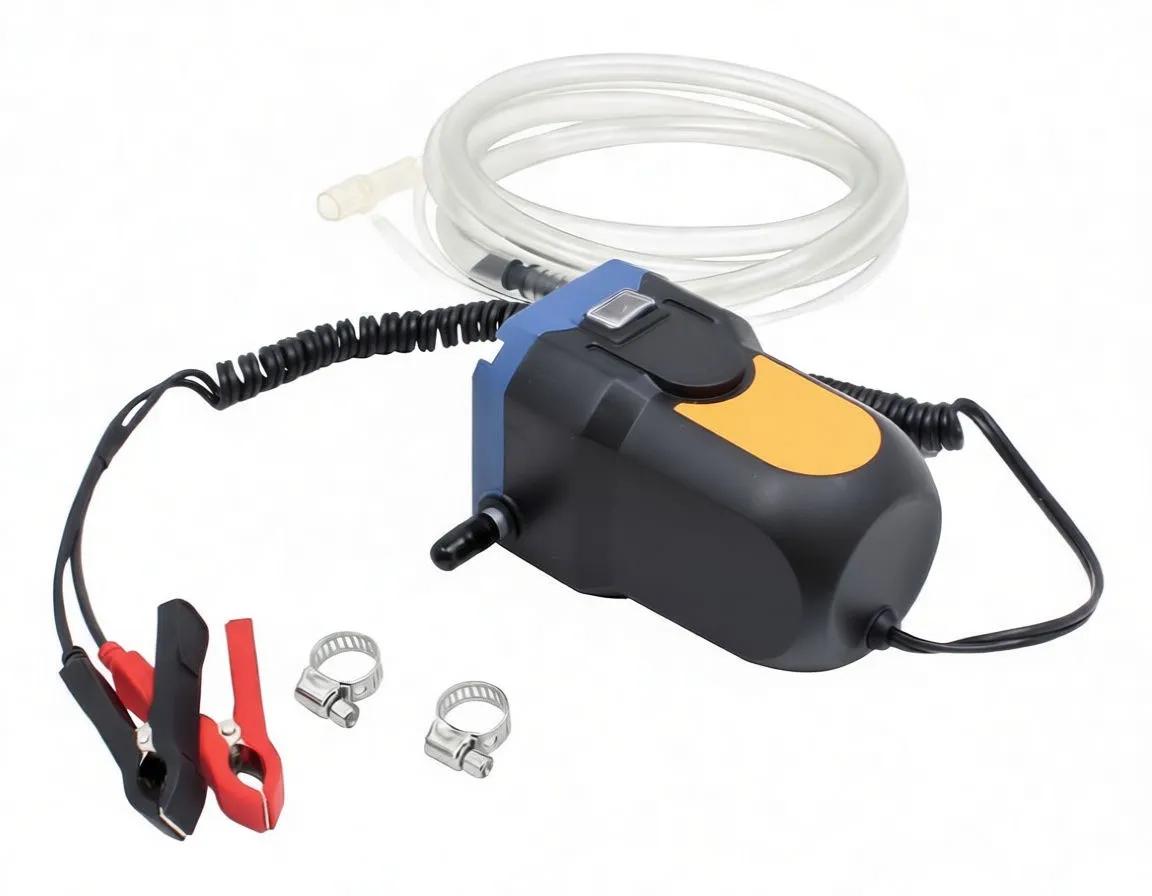 Angled view of the pump showing orange control panel with buttons, saTra logo, hoses and battery clips