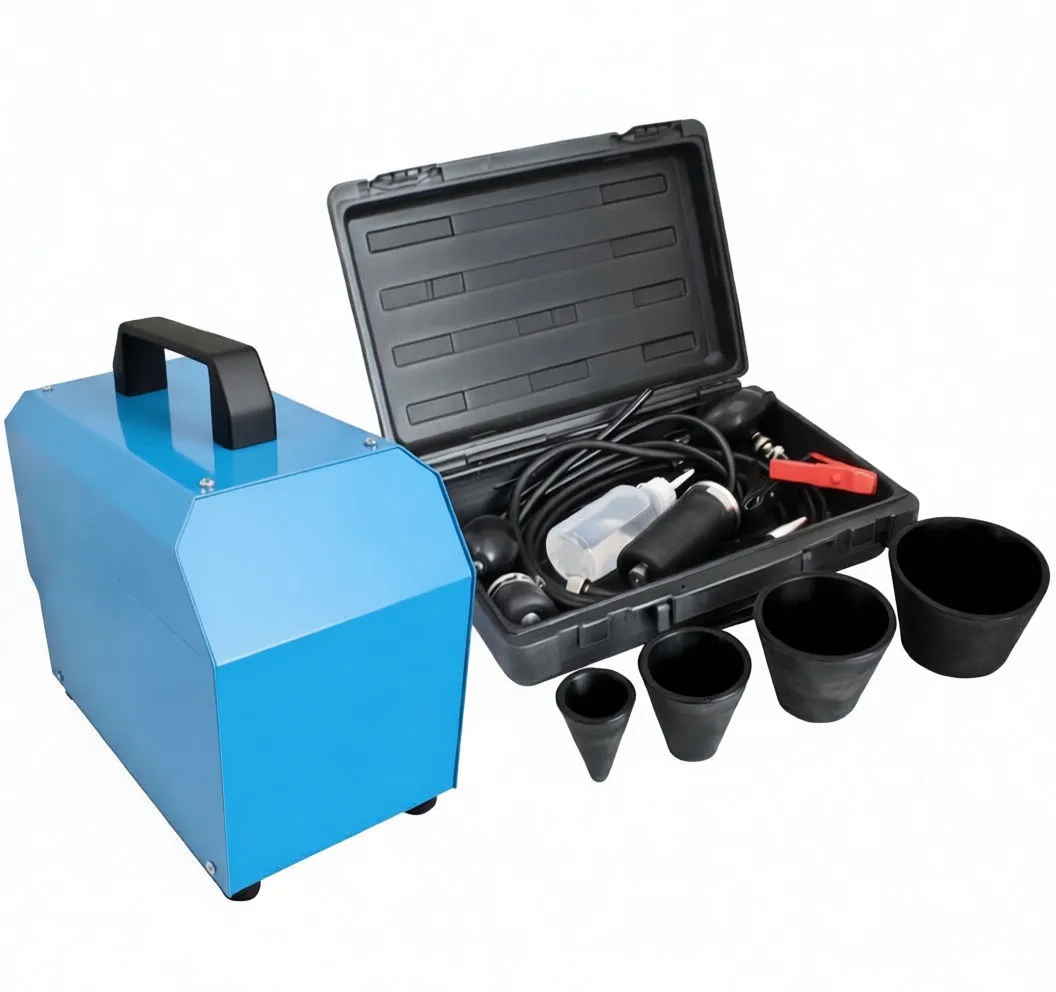 Accessories laid out with main unit: hoses, probes, cones and clamps