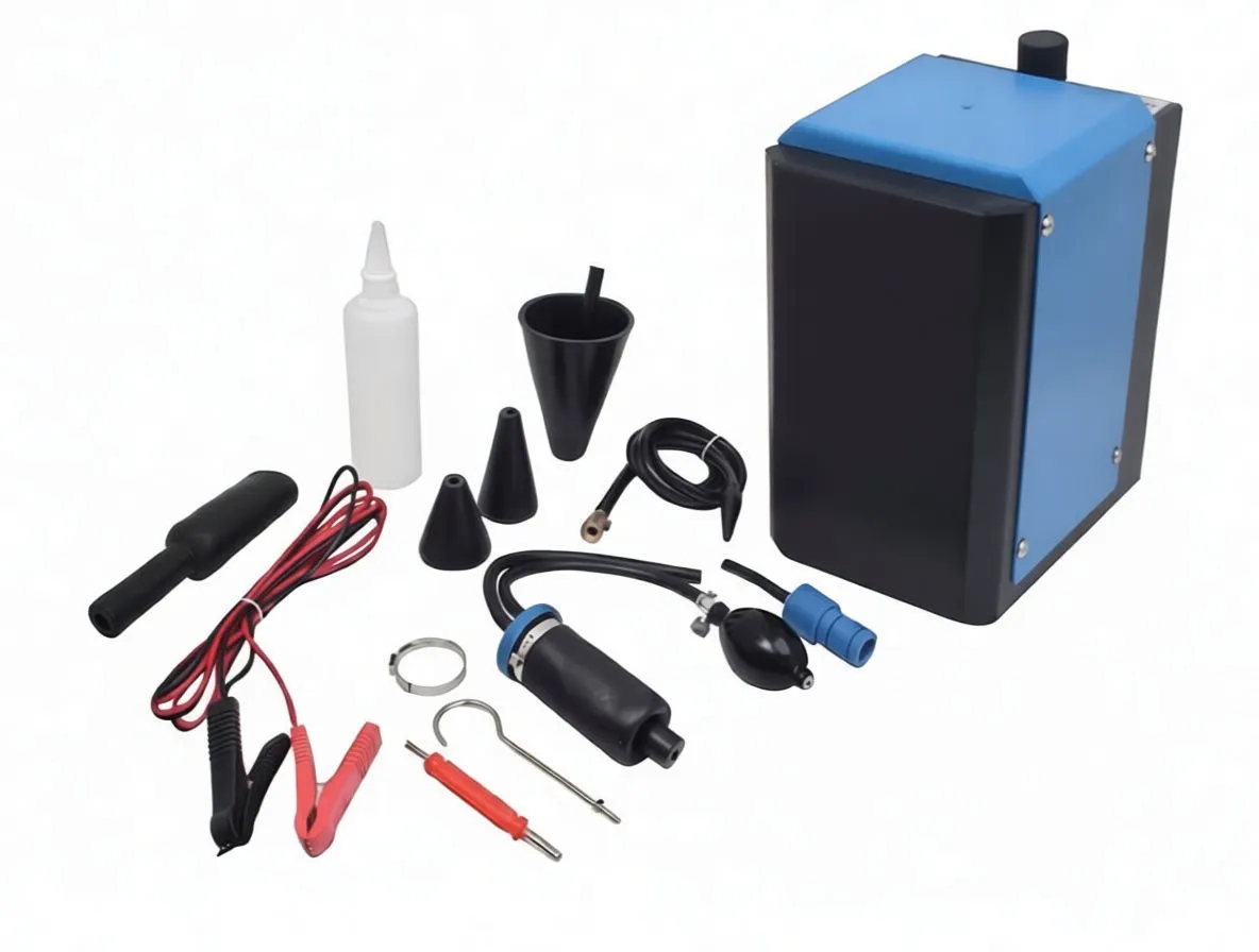 Rear-right angle of the unit showing hose fittings, connector ports and SaTra label with QR code, accessories laid out in front.