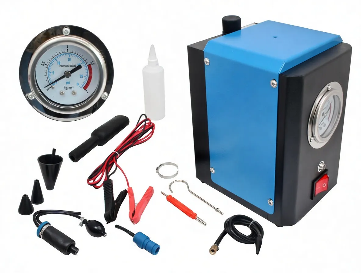 Enlarged pressure gauge dial of the smoke leak detector showing scale, needle and 'PRESSURE RANGE' text, with device and accessories at right.