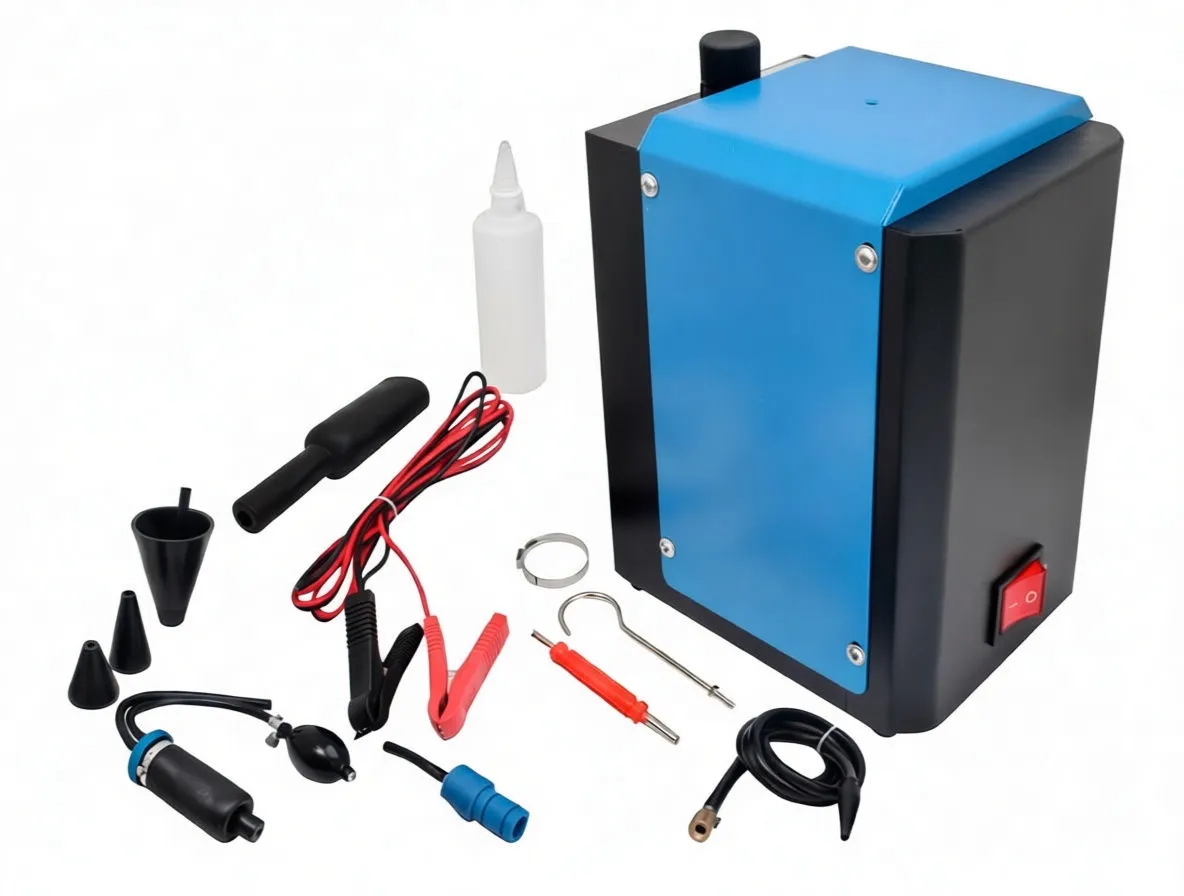 Right-side view of blue/black smoke leak detector showing vented side panel, top knob and front gauge, with hoses and adapters in front.