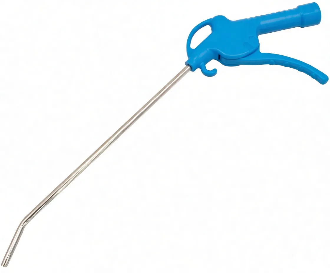 Angled view of air blow gun showing long metal tube, bent tip, blue grip, ASTA logo and brass-colour inlet