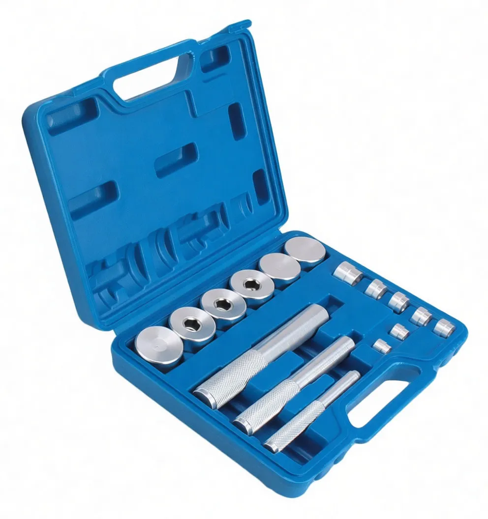 Angled perspective of blue carrying case with chrome driver handles and graduated driver cups for bearing races and seals