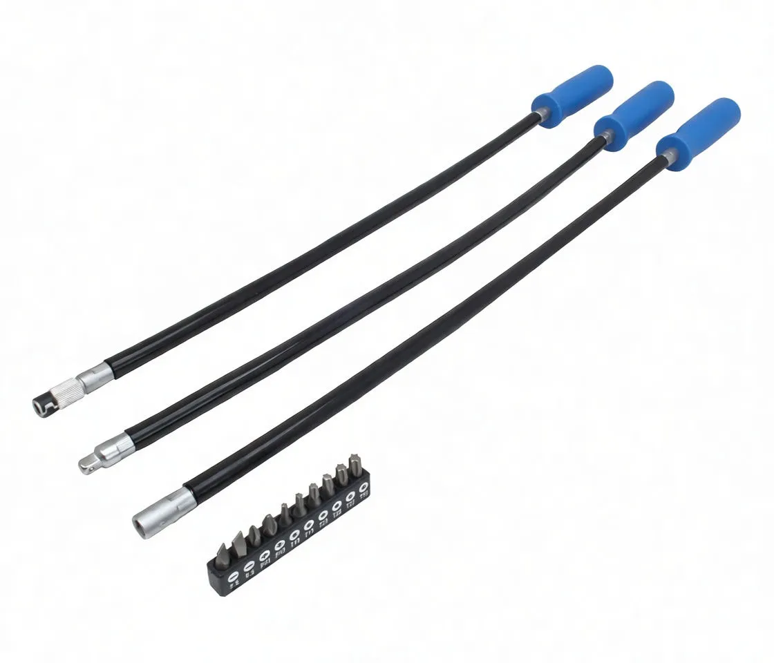 Angled view of three flex shafts and a row of labeled bits in a holder