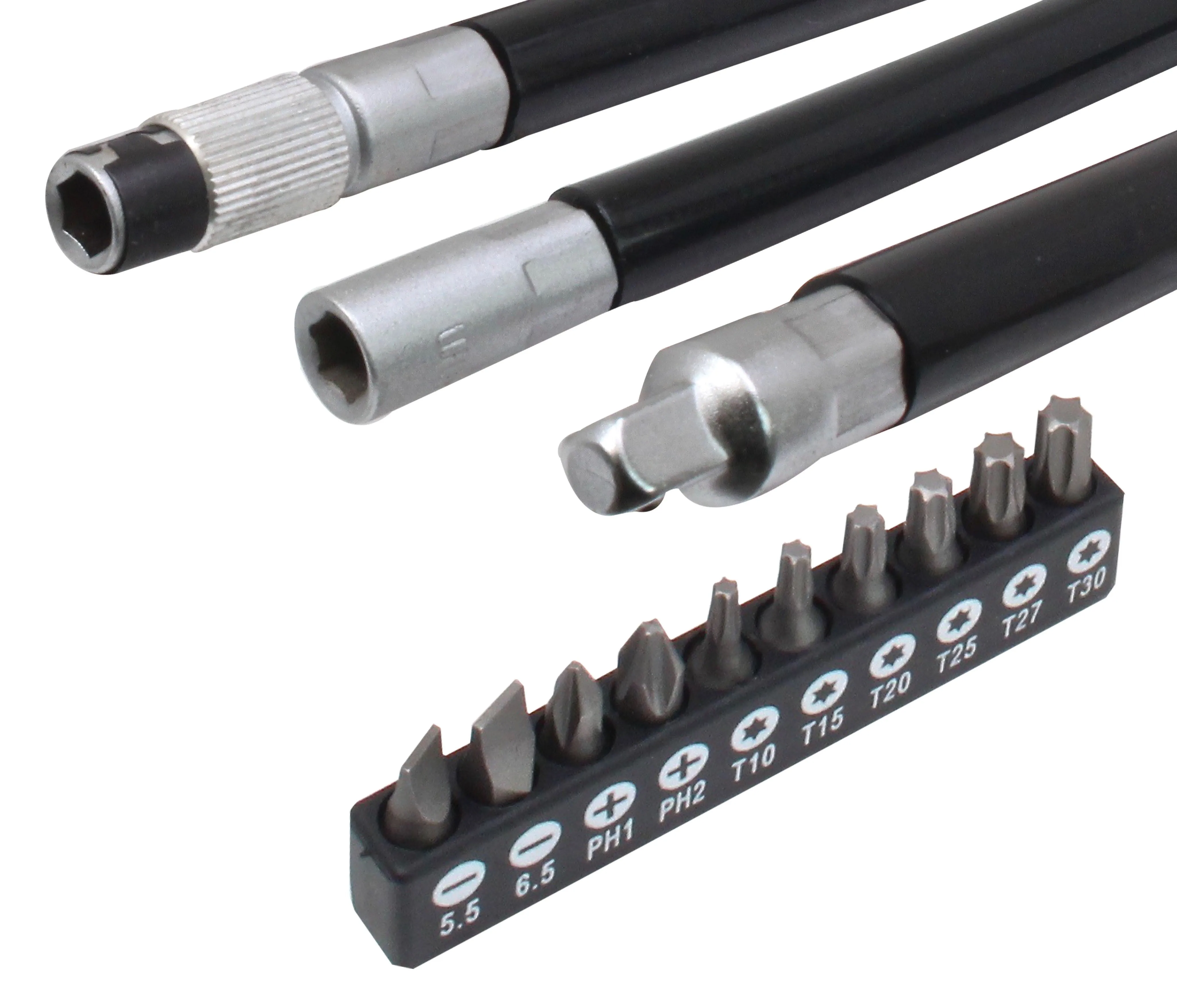 Row of 10 driver bits in holder with printed sizes 5.5, 6.5, PH1, PH2, T10-T30