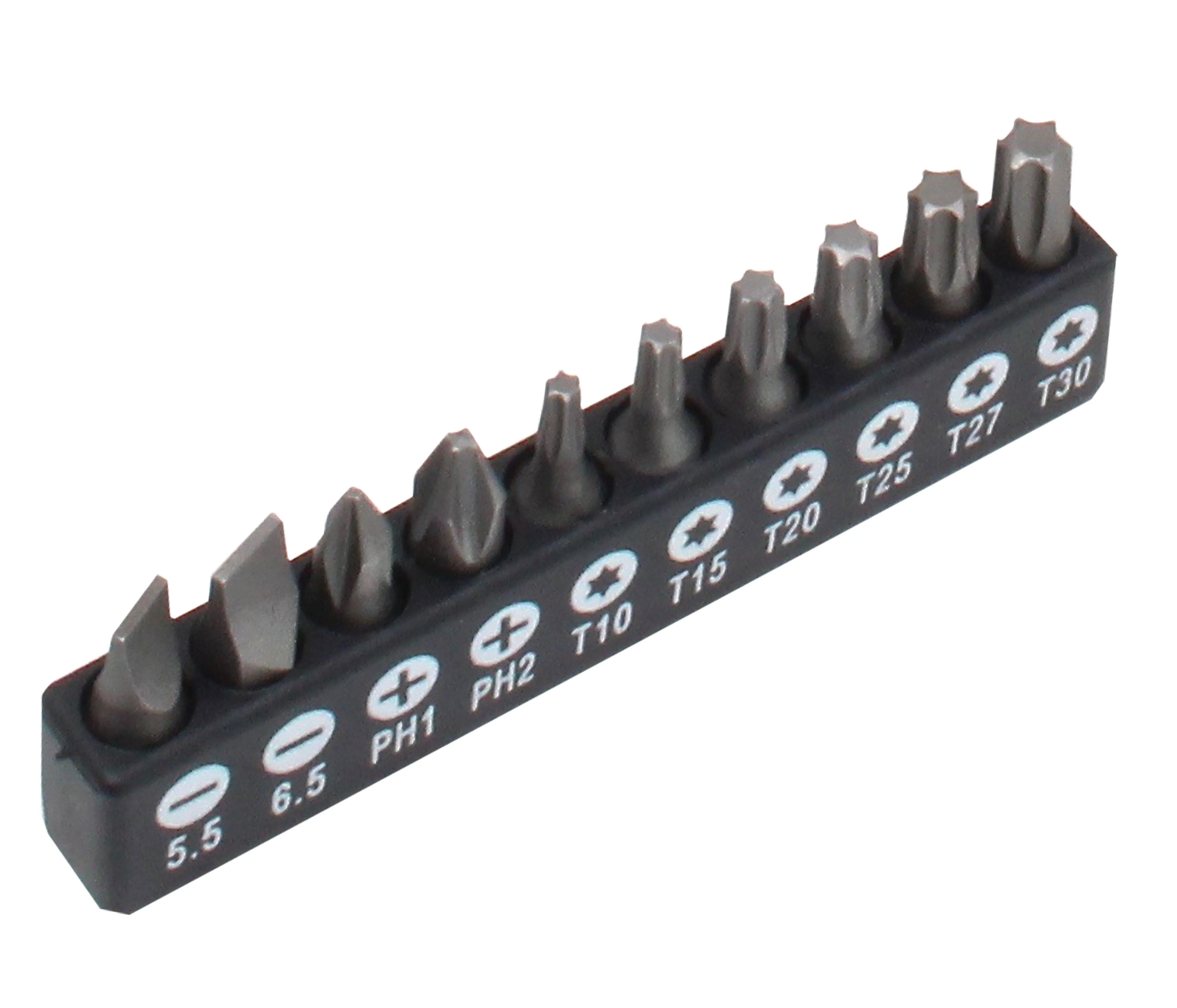 Close-up of bit strip showing labeled bits and T30 marking