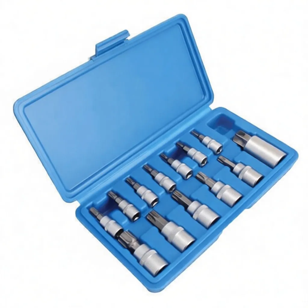 Thirteen chrome star tamper bit sockets arranged in a diagonal row on white background