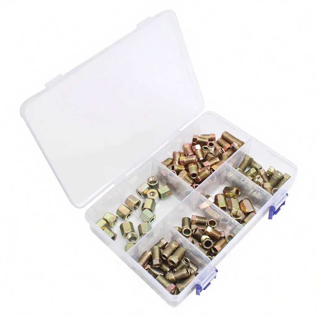 Angled view of clear case with assortment of gold-colored brake pipe nuts and sleeves and labeled parts chart inside lid