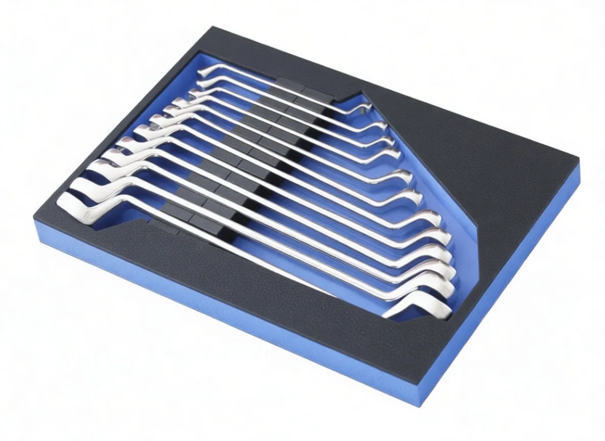 Close-up of foam insert with offset ratcheting box-end wrenches, blue base, black top, and ASTA logo.