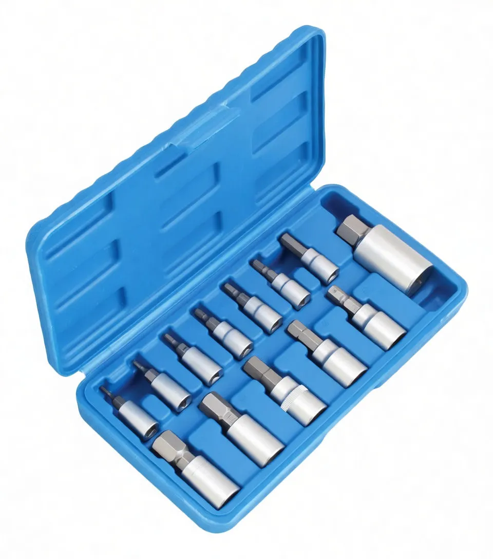 Angled perspective of an open blue case containing a 13-piece hex bit socket set with chrome sockets, black hex tips, and a larger adapter.