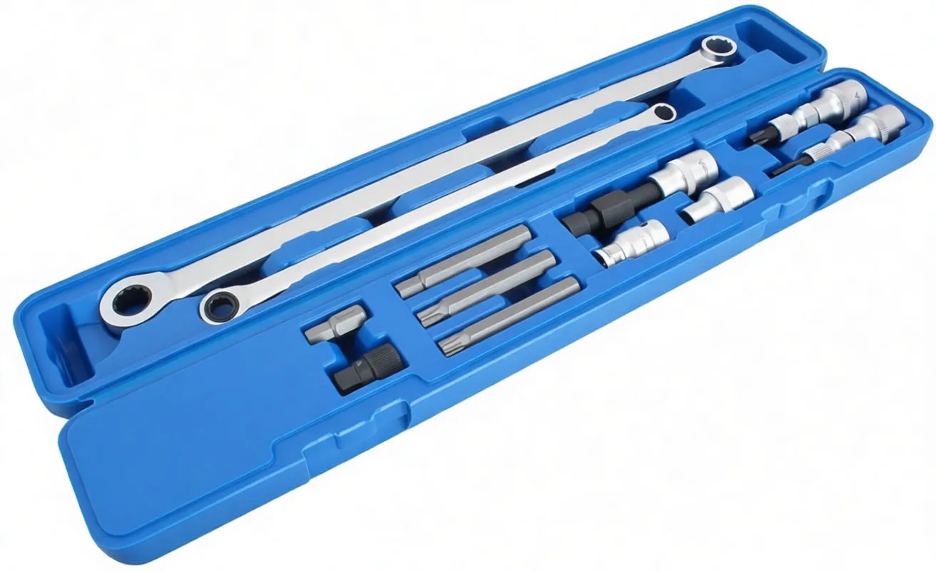 Angled shot of a blue molded case containing two long chrome wrenches, sockets, adapters and driver bits for an alternator repair kit