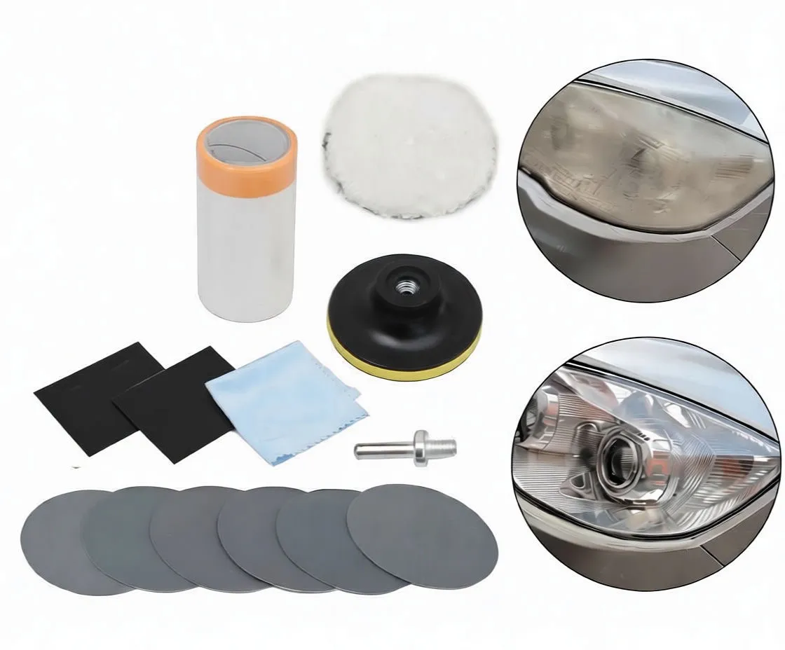 Kit components laid out with polishing paste, protective packets, sanding discs and before/after headlight inset images