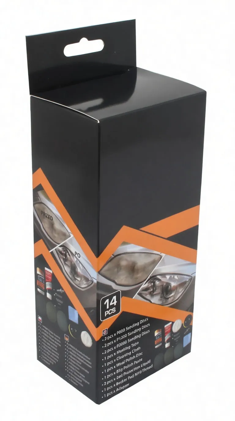 saTra branded retail box for 14-piece headlight restoration kit with logo, before/after images and parts list