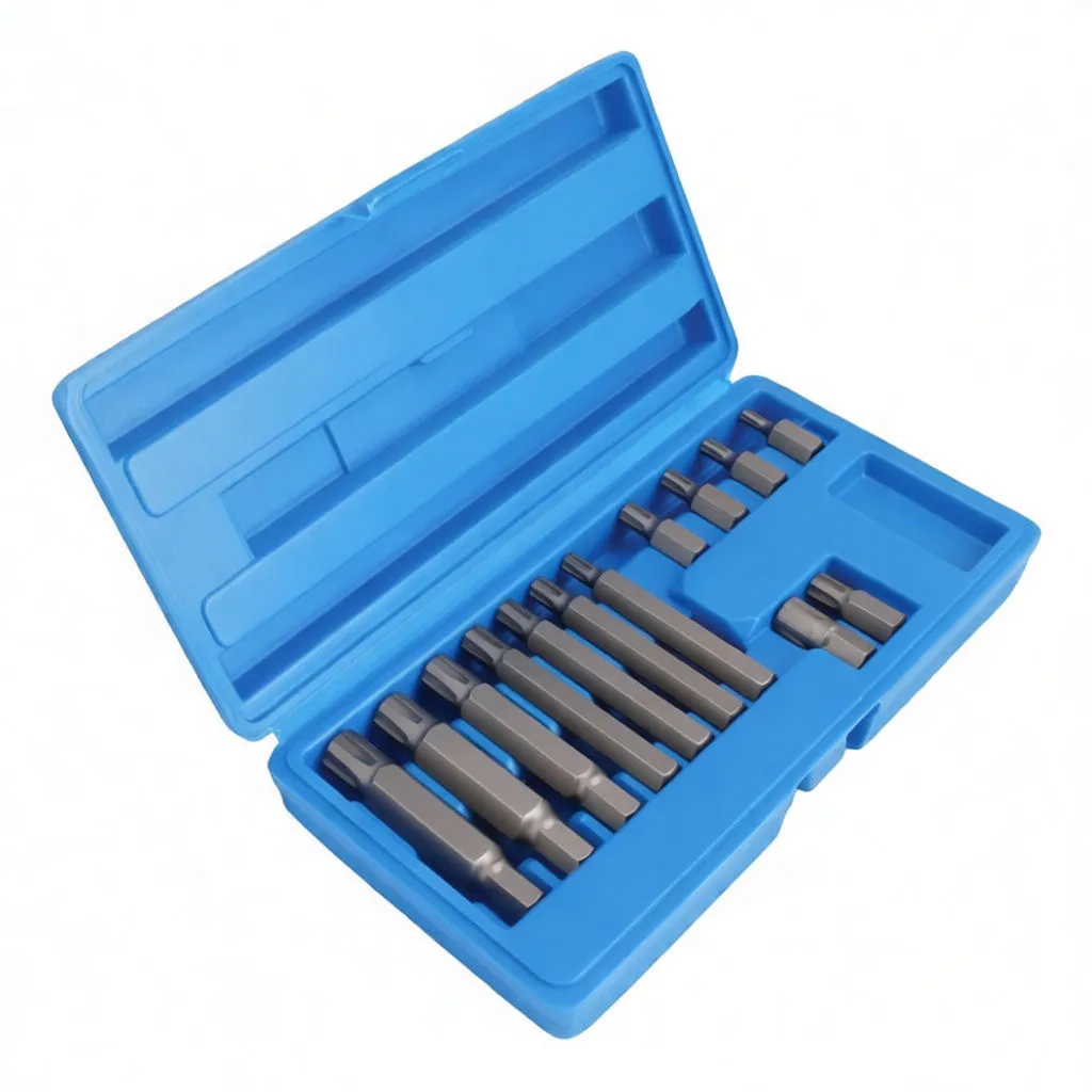 Angled view of blue bit case with Ribe/Polydrive bits and chrome adaptor visible