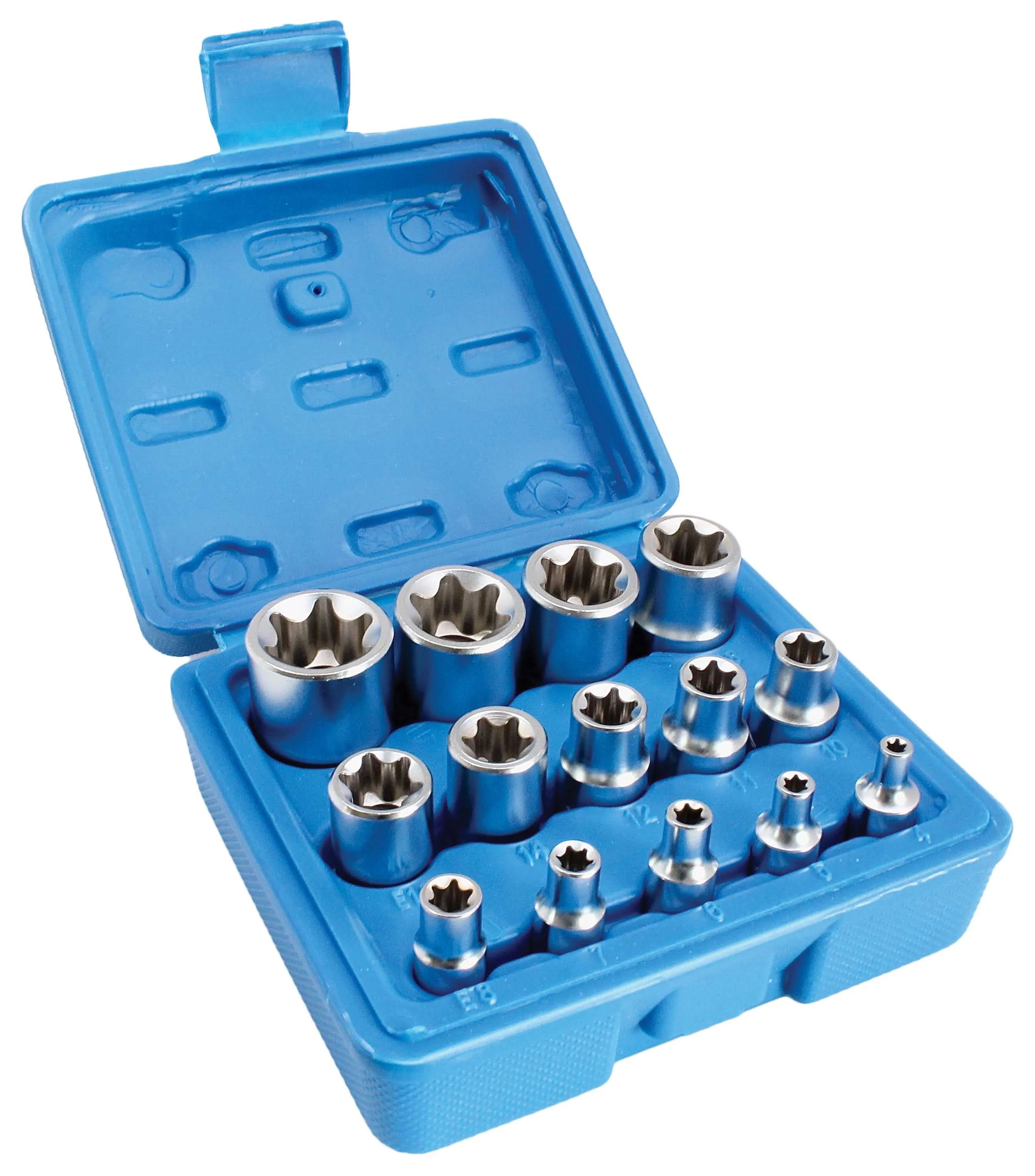 Angled view of open blue socket case with chrome star sockets arranged in three rows and visible molded size markings