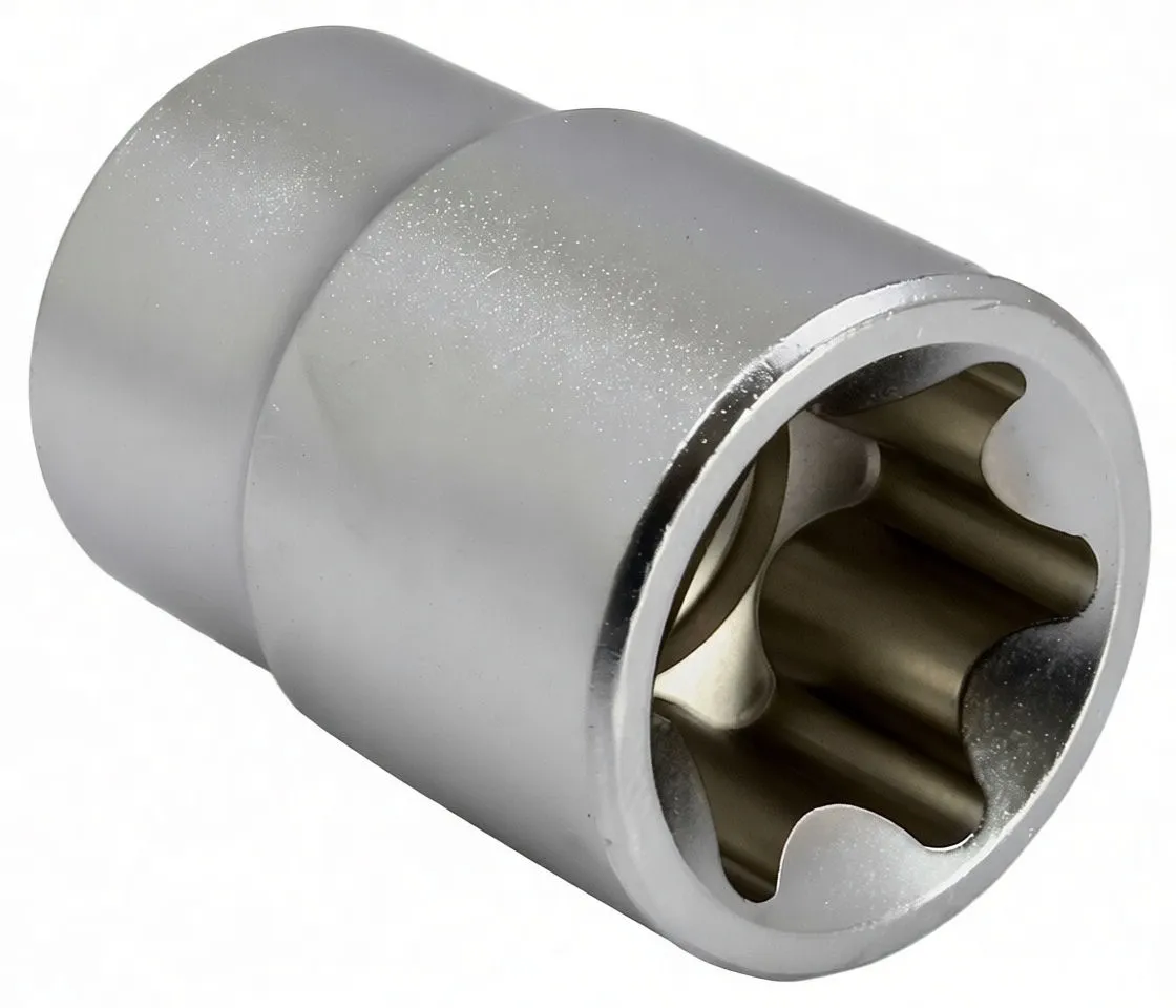 Close-up of one chrome star socket showing multi-lobed internal profile and stamped markings on the body
