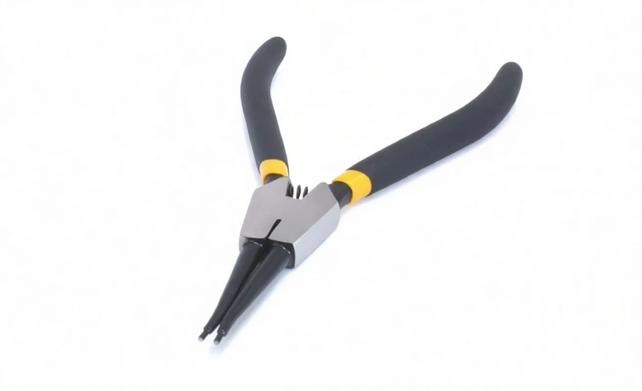 Full profile of seger pliers with curved black handles, yellow collars and long tapered round jaws on white background