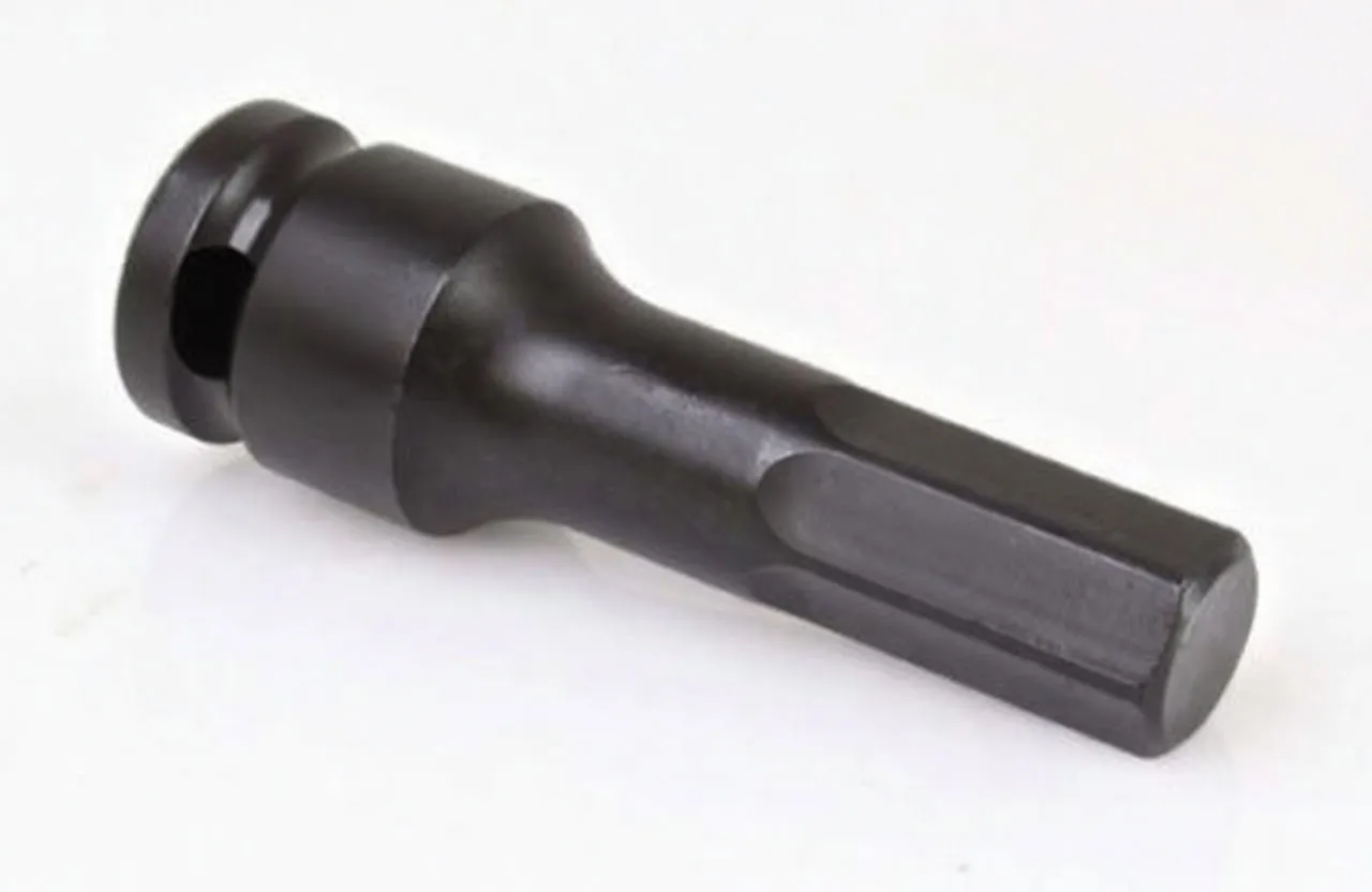 Side view of extra-long black impact 14mm hex Allen socket showing hex shaft, printed markings and drive retention hole