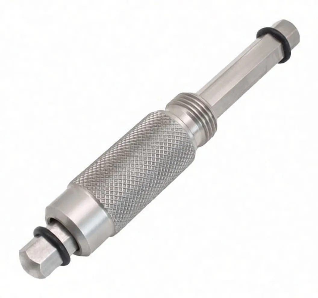 Tool laid at an angle showing knurled handle, threaded collar, engraved scale on hex shaft and rubber O‑ring