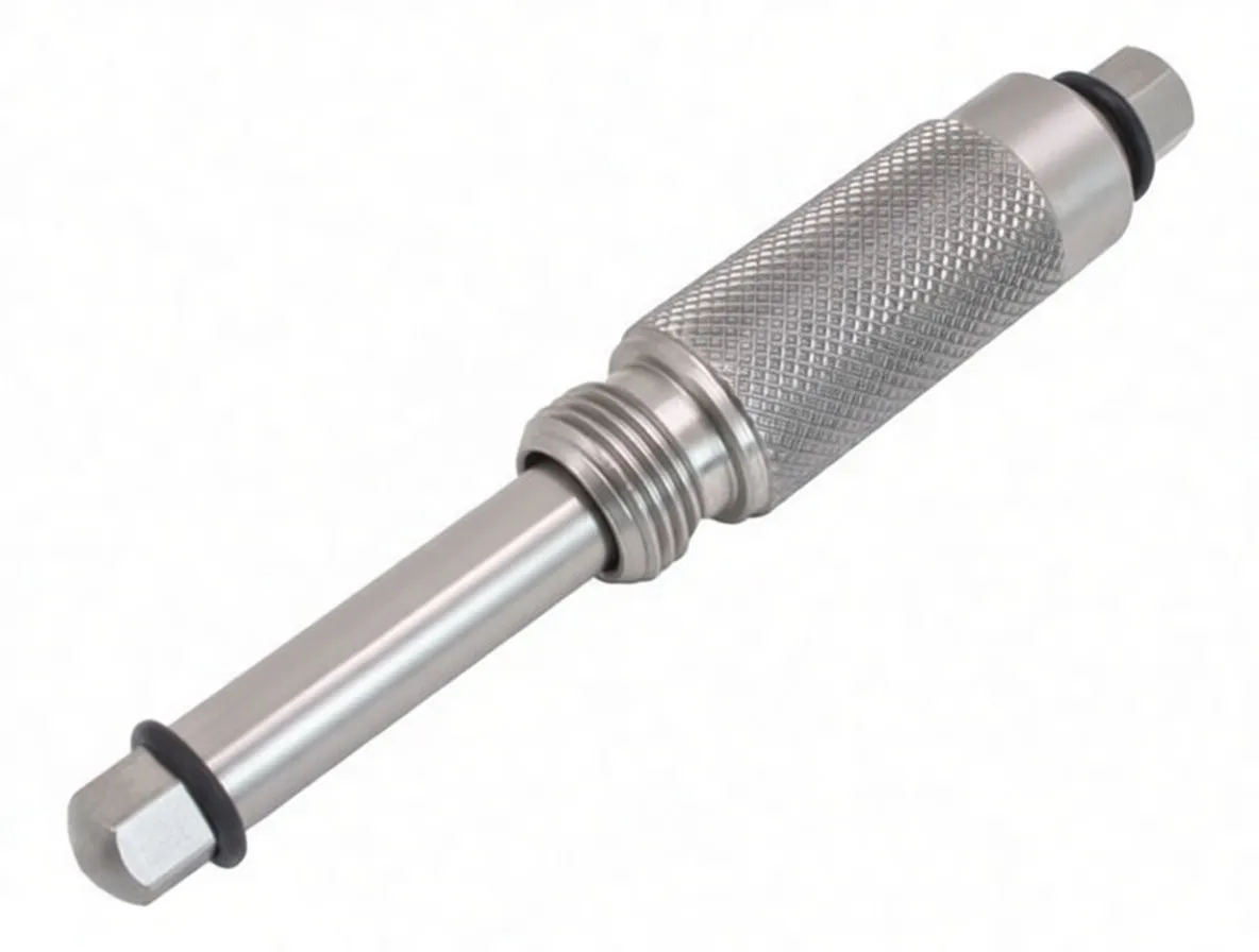 Side profile of full-length knurled top-dead-centre tool showing threaded collar, hex shaft with scale and O‑rings