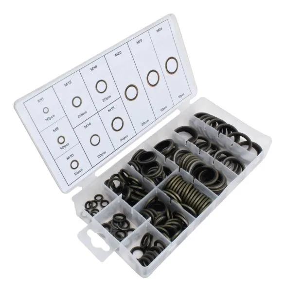 Angled shot of a plastic organizer with bonded seal gaskets arranged by size and a labeled lid showing M-sizes and piece counts, plus a hanging tab