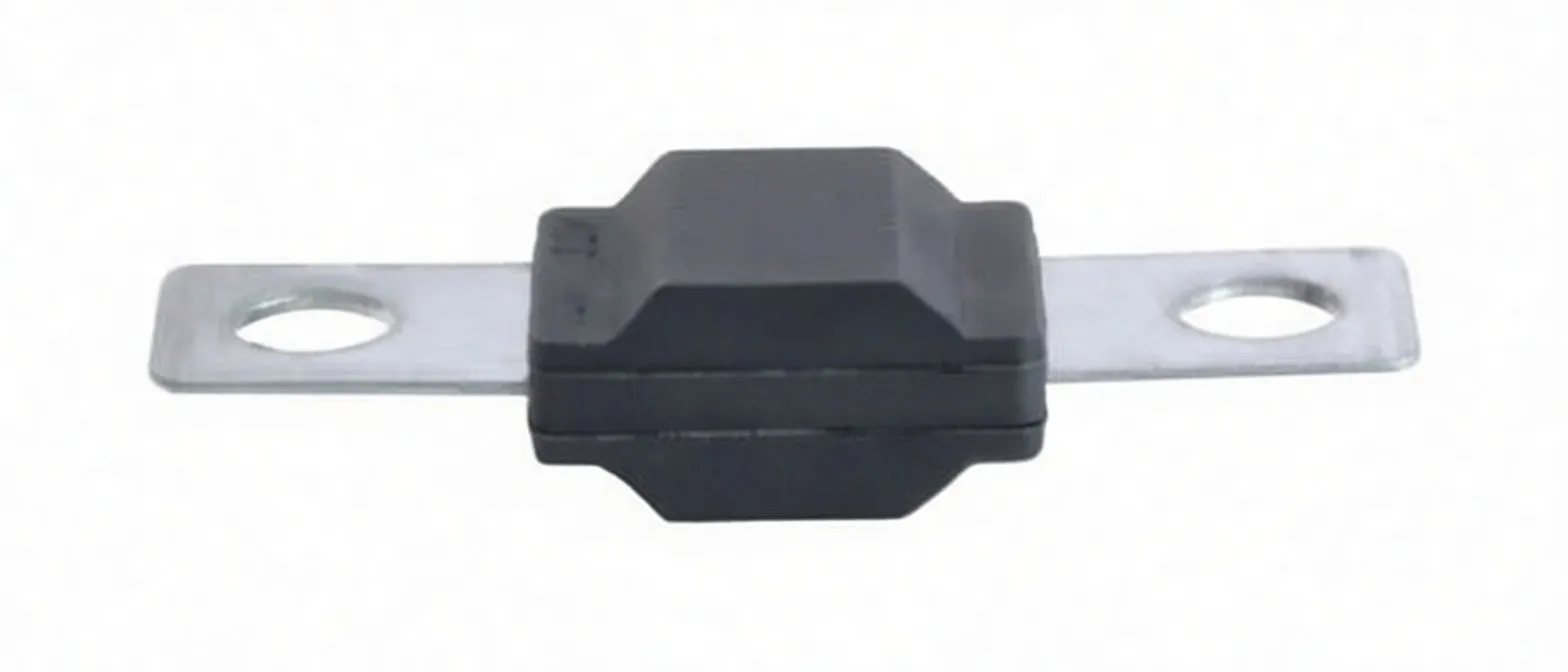 Side profile of a 150A MIDI fuse showing black molded center, embossed '150', and flat metal lugs with mounting holes