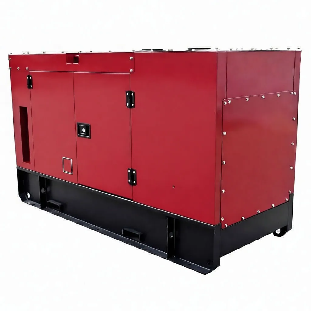 Generator side with doors open showing engine, alternator, hoses and soundproofing panels