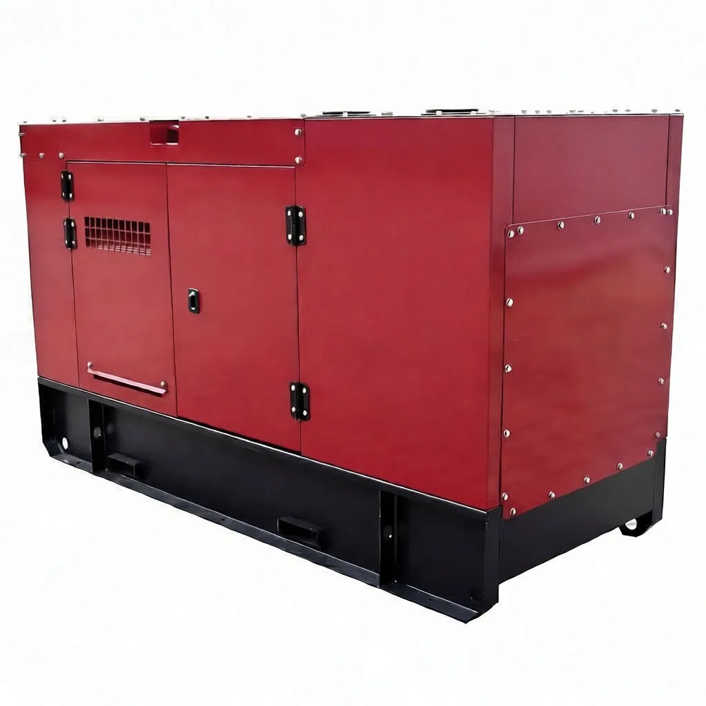 Red diesel generator set angled front-right showing access doors, control panel window and outlet housing