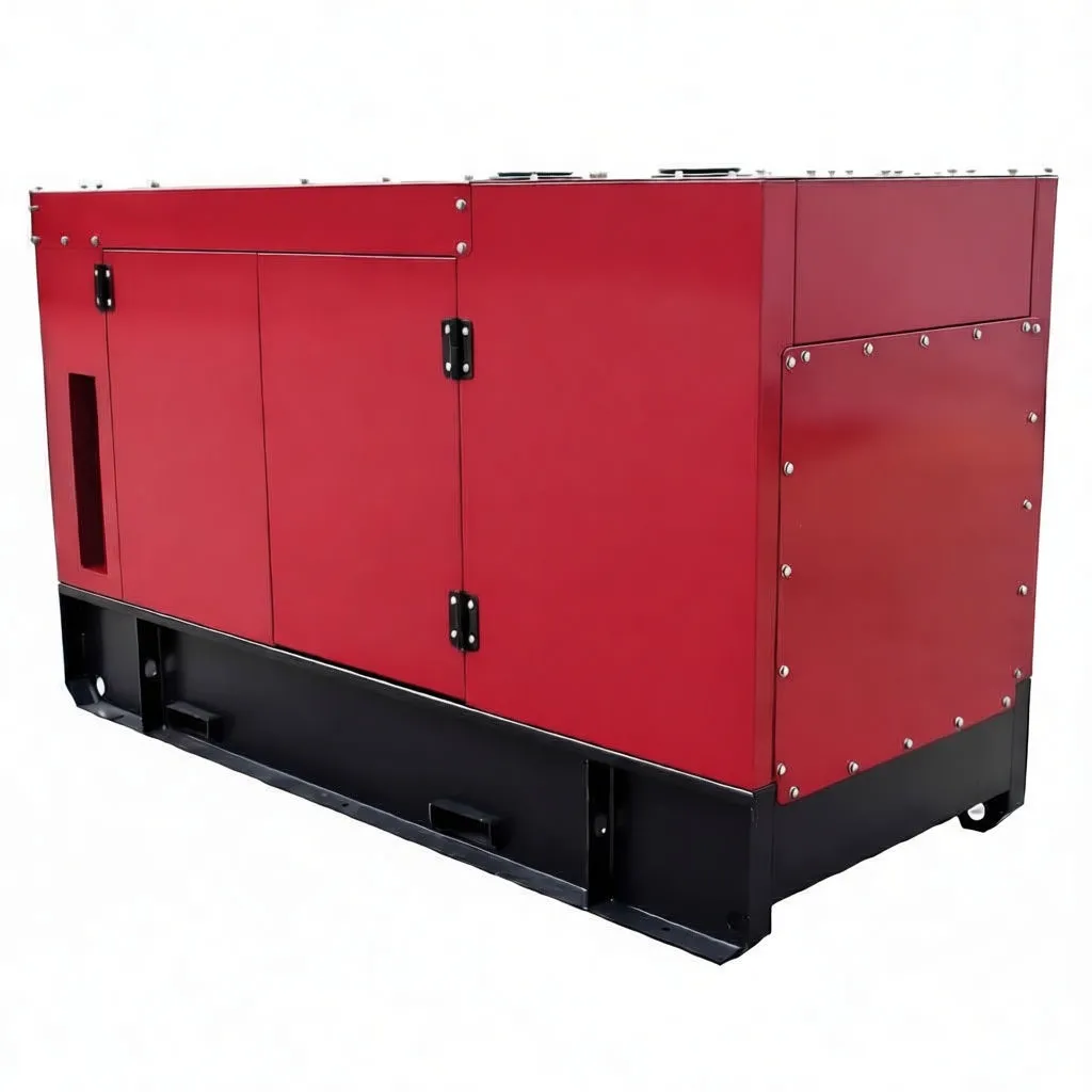 Front view of generator with service door open showing battery, starter, alternator and engine components