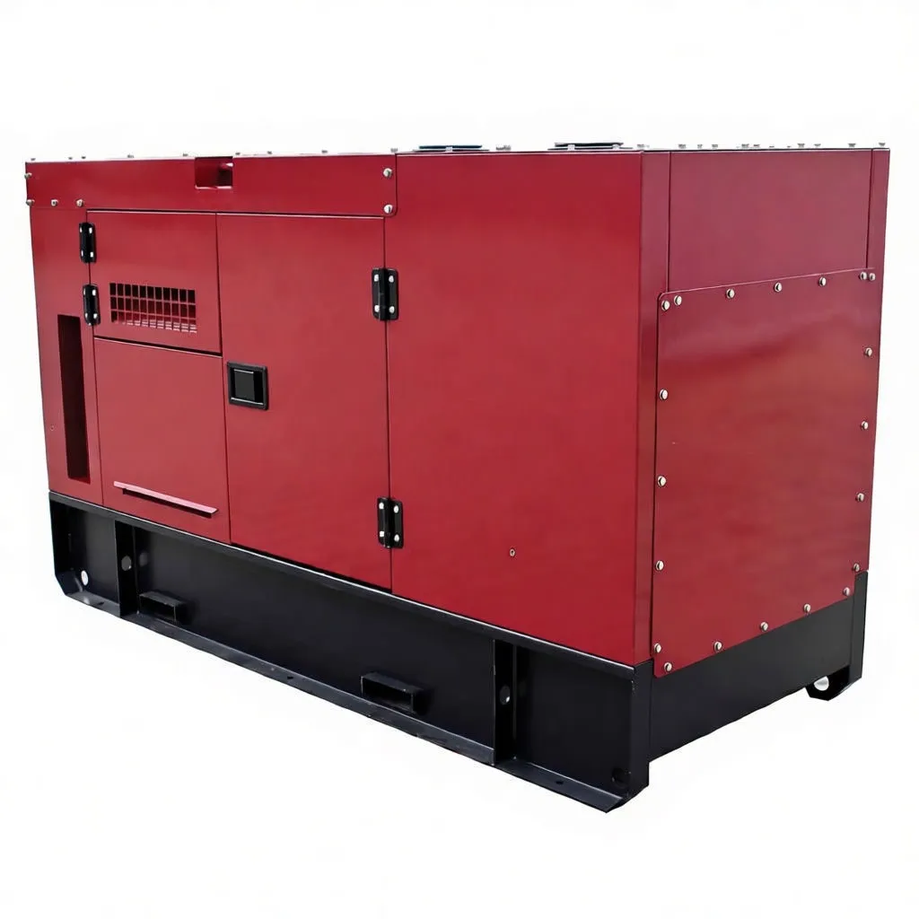 Rear-right view of red generator canopy with brand badge, service doors and black skid