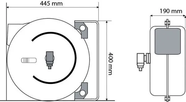 Technical drawing of retractable air hose reel with front and side views and dimensions 445 mm x 400 mm x 190 mm
