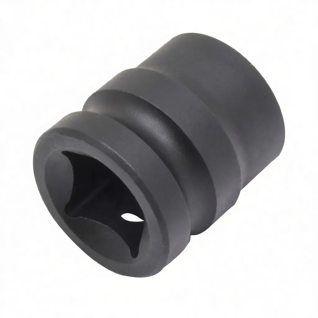 Close-up of short ASTA 6-point impact socket showing hex interior, ASTA and CR-MO 15mm marking and pin hole