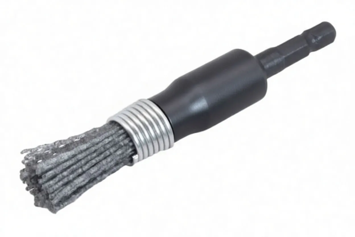 Vertical view of drill brush attachment showing hex shank, black body with brand text, silver coil and upright grey bristles
