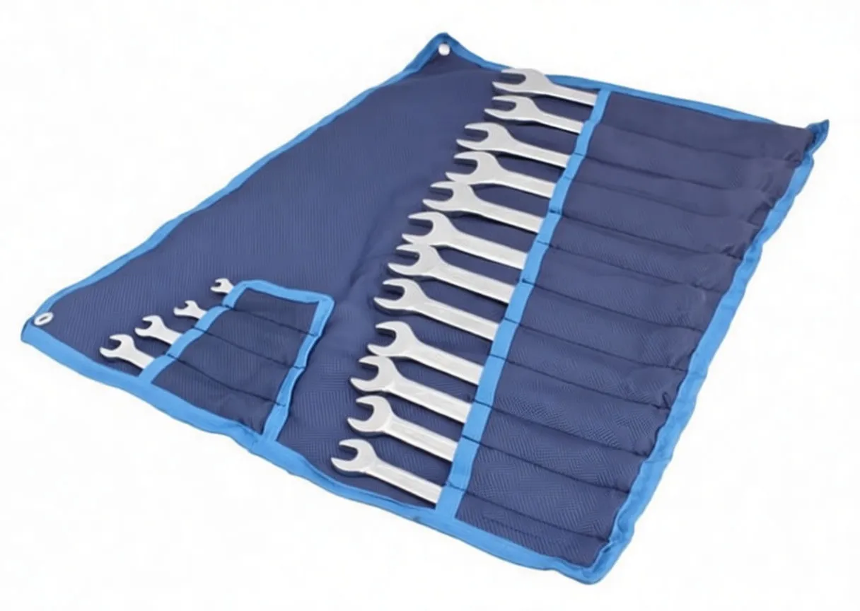 Angled open pouch with chrome spanners in labelled pockets and hanging grommet