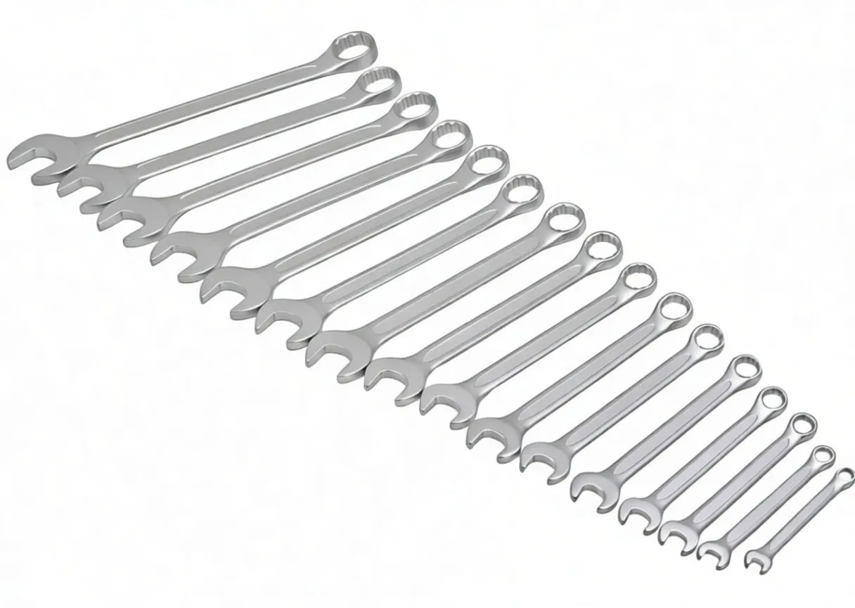 Close-up of one chrome combination spanner showing open jaw and 12-point ring end