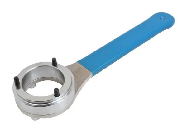 Angled shot of blue-handled tire tool showing circular ring head with three black posts and metal neck