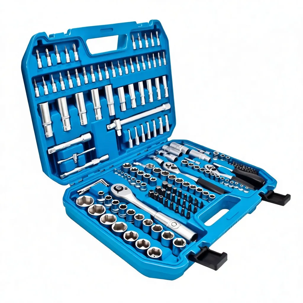 Angled view of blue socket set case with sockets, ratchets, screwdriver handle and bit rows