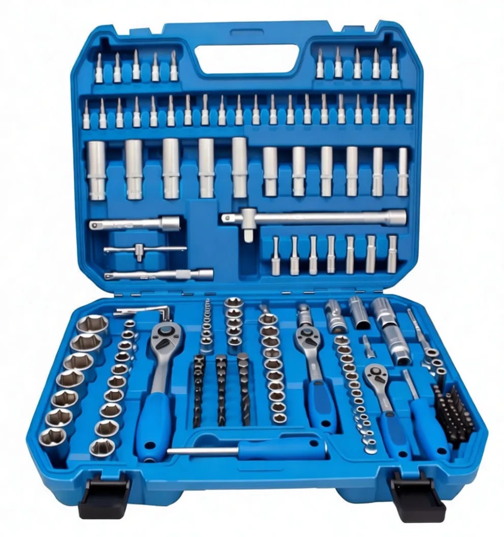 Top angled view of blue molded socket set case showing sockets, ratchets, hex keys and bit holders