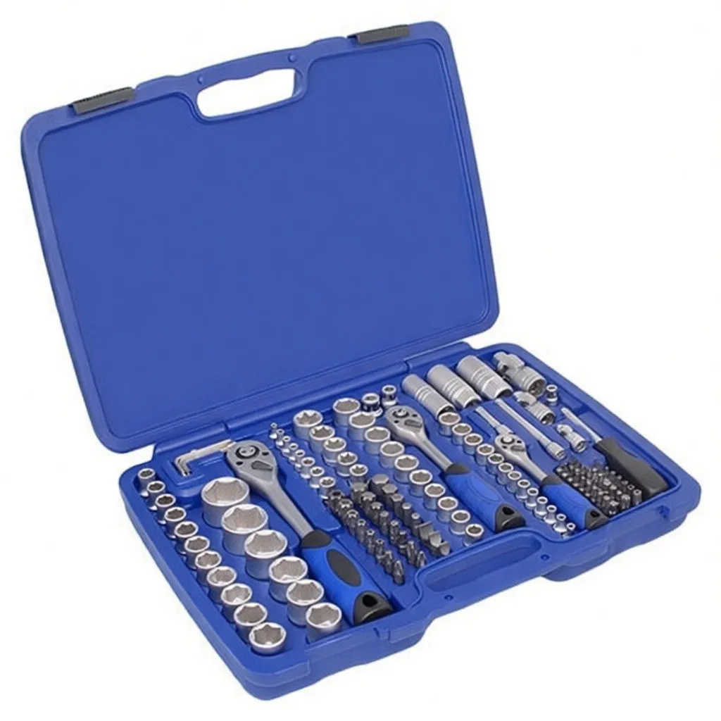 Three-quarter view of open blue socket set case showing ratchets, rows of chrome sockets, extensions and bit holders