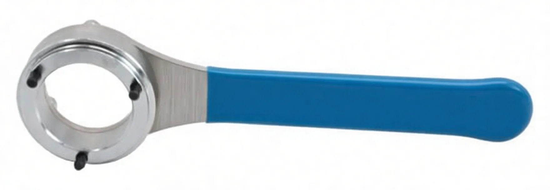 Side profile of chrome circular-head tire tool with three black studs and a blue handle with hanging hole