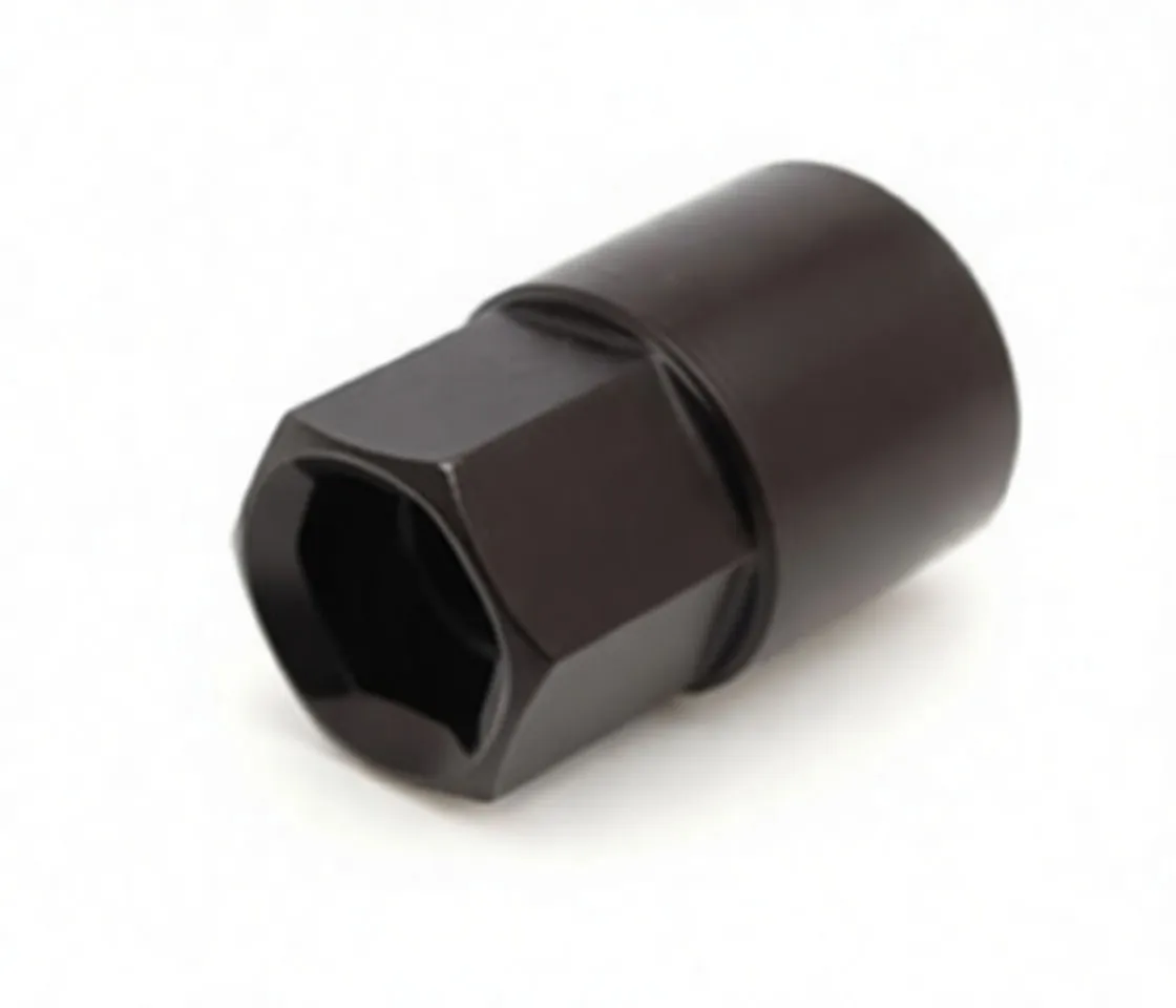 Perspective view of bolt extractor socket showing spiral fluted internal end, '17MM CR-MO' and brand marking