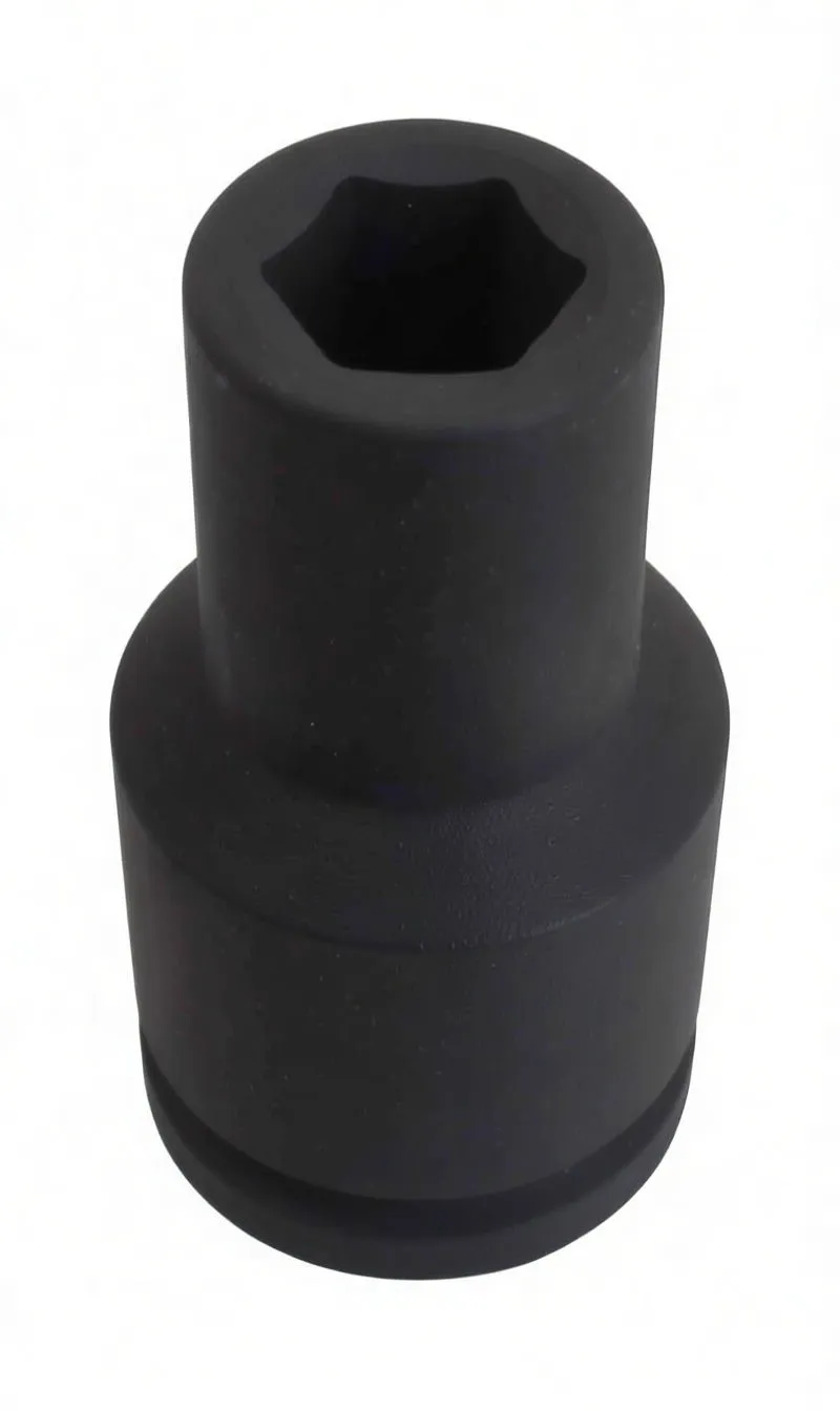 Angled shot of black 6-point deep impact socket with ASTA marking, showing hex end and drive-end groove