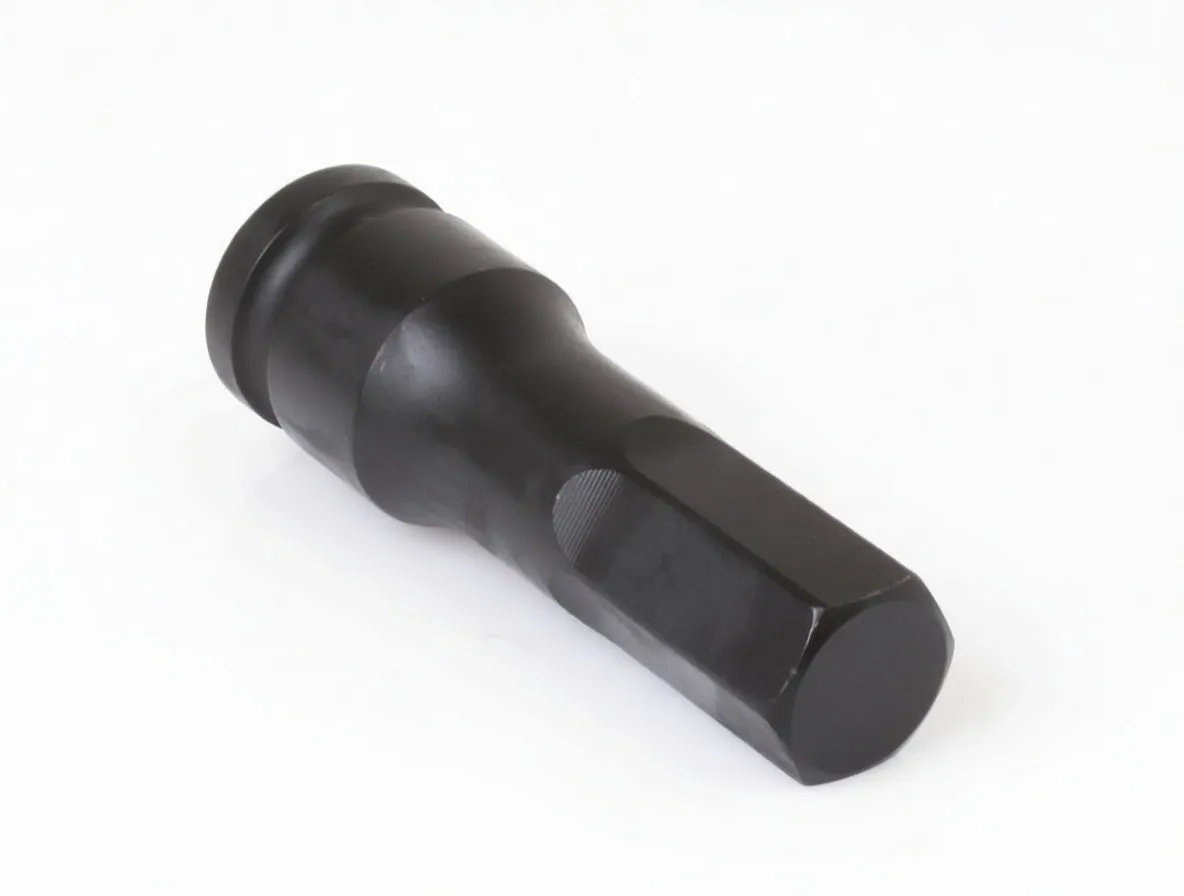 Horizontal view of 17mm long hex bit impact socket showing hex tip and drive end with detent hole