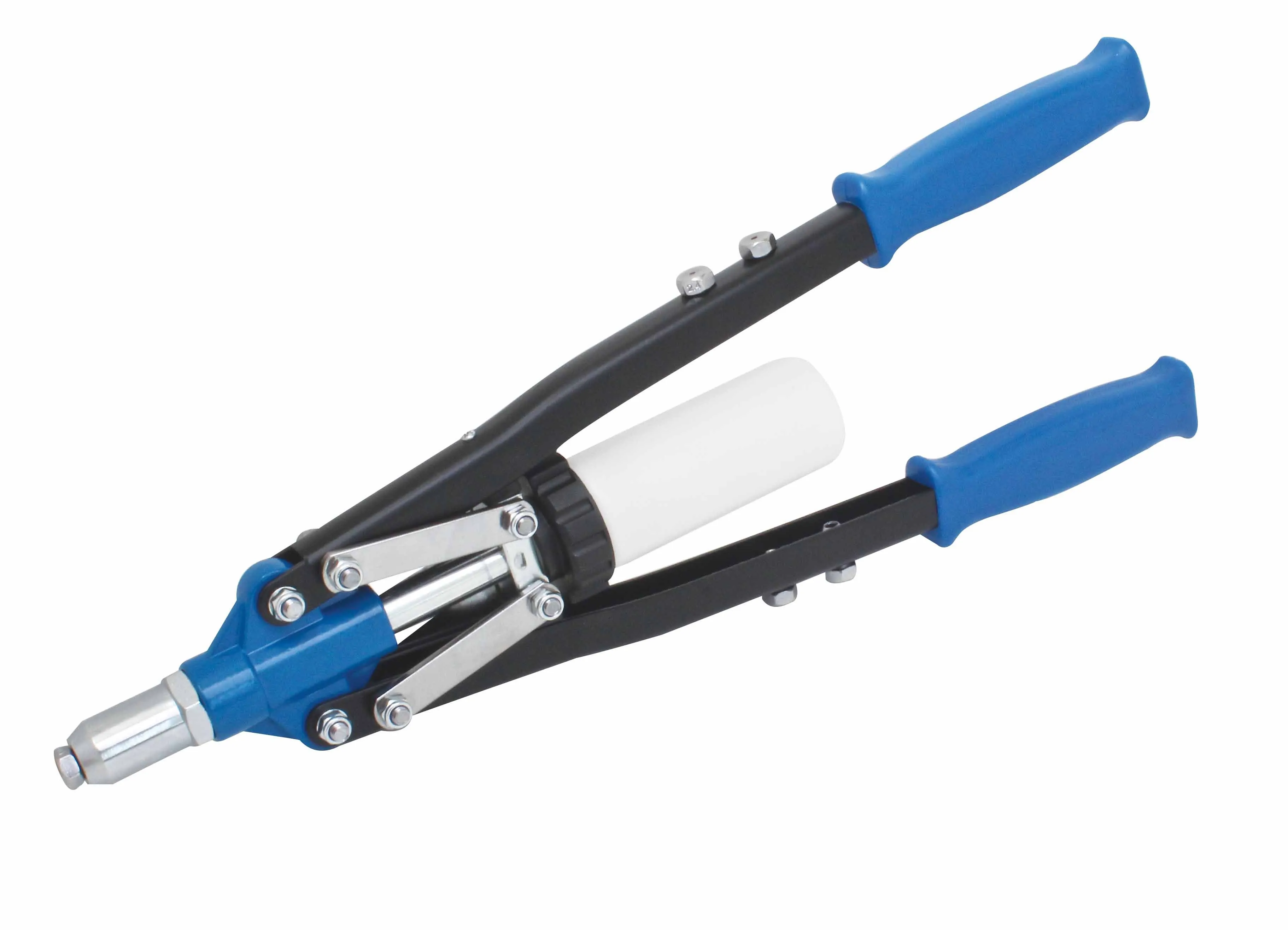 Top-side view of double-hand riveter showing silver nose, compound linkage and white mandrel container