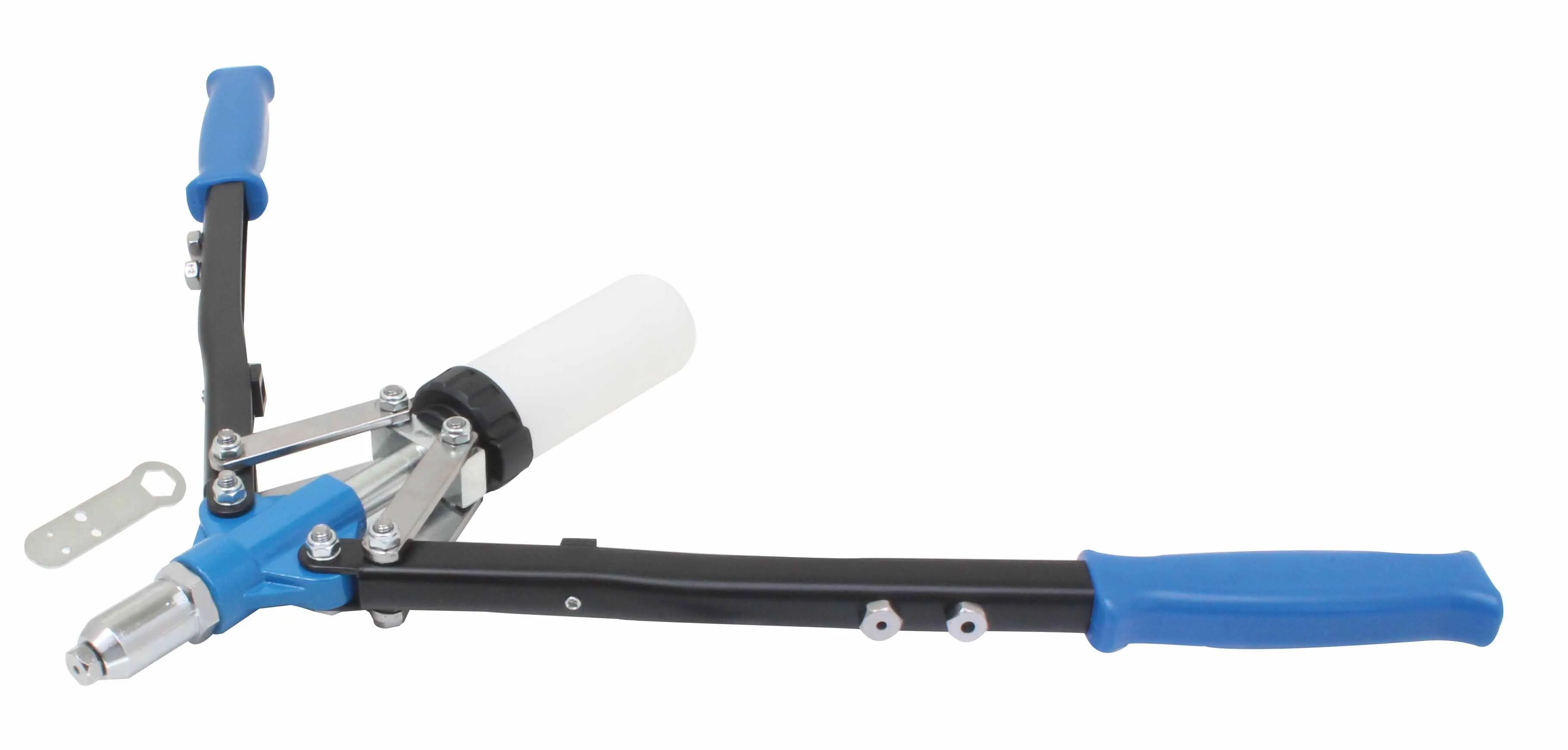 Horizontal view of riveter with blue grips, white mandrel tube and small flat multi-hole wrench
