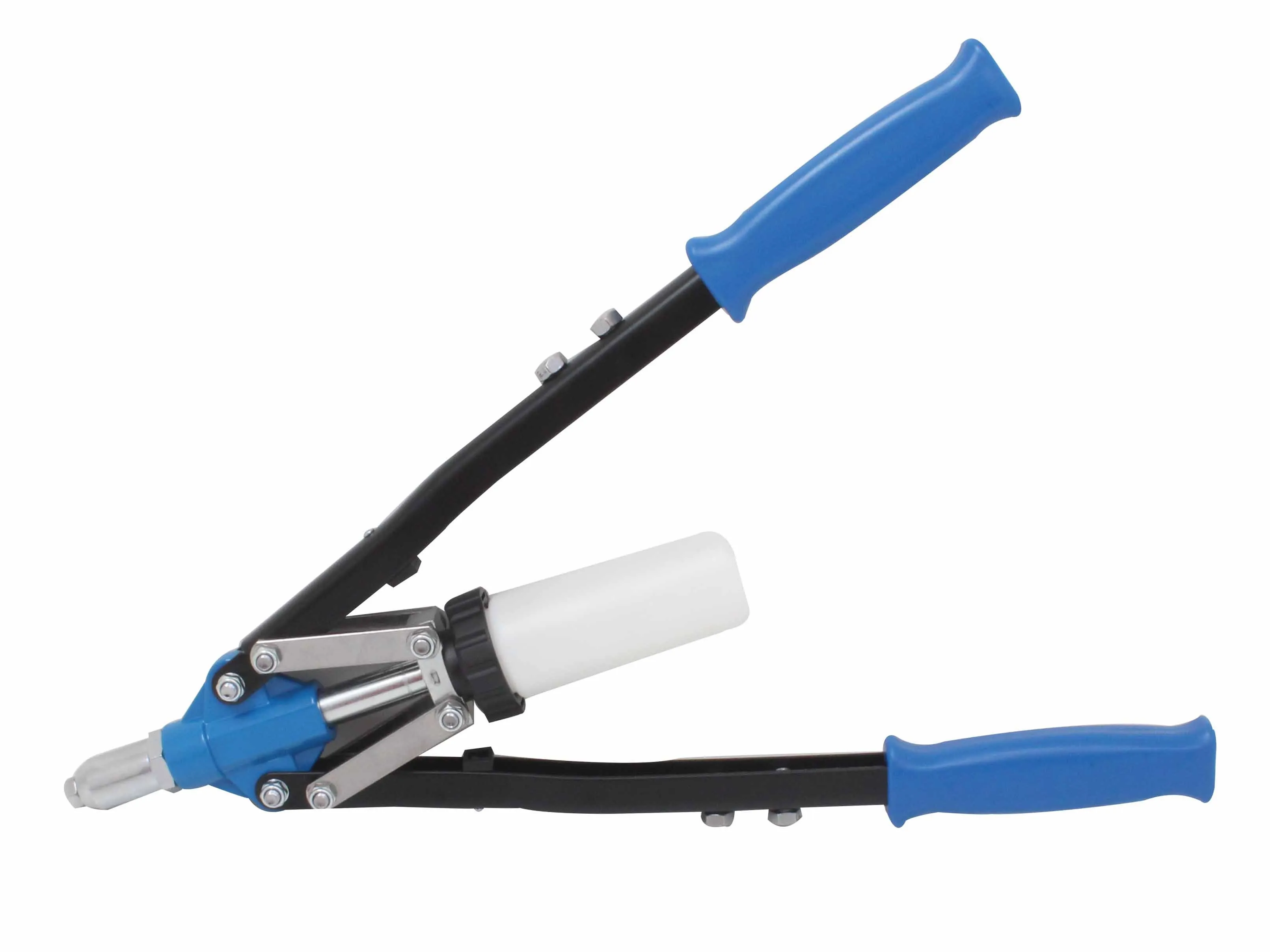 Side profile of long-handled riveter with white mandrel container and blue grips