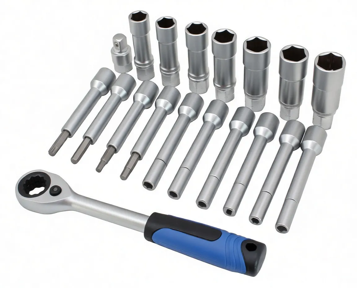 Angled perspective of blue tool case showing long bit sockets in lid, deep sockets and a blue-handled ratchet in the base.