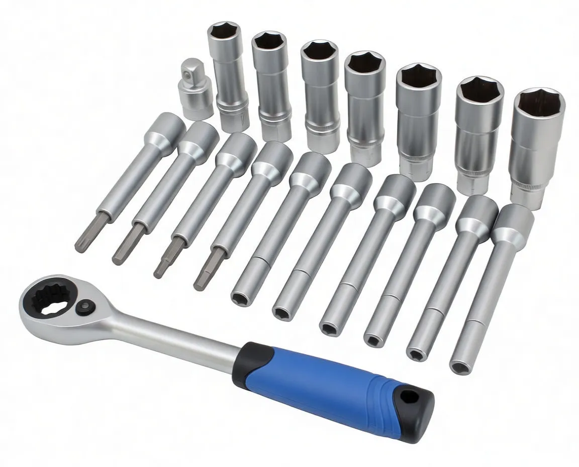 18-piece kit components laid out: blue-handled ratchet, long extension bit sockets, deep chrome sockets and a small adapter on a white background.