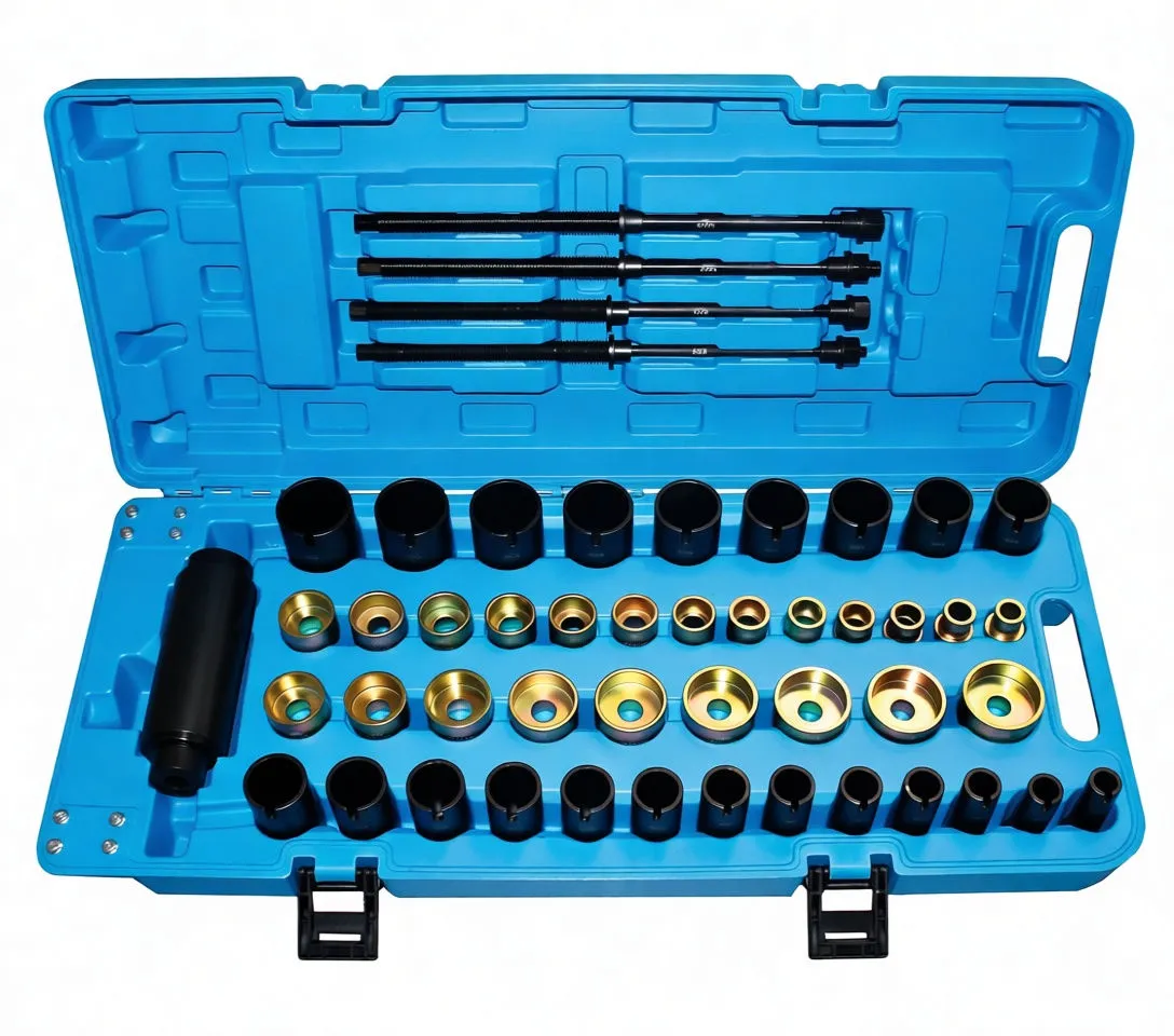 Flat open case with hydraulic ram, rows of black sleeves and gold cup adapters, four threaded rods in lid