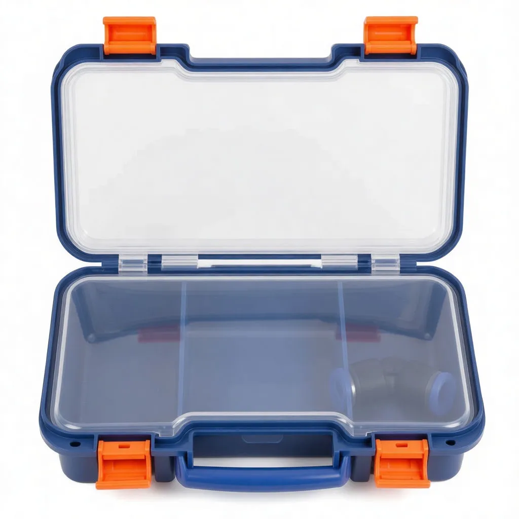 Angled shot of open storage case with rows of pneumatic push-in fittings